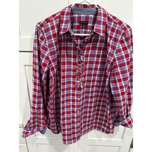 Talbots‎ Plaid Ruffle Front Button Down Long Sleeve Shirt Red Blue Size 16
